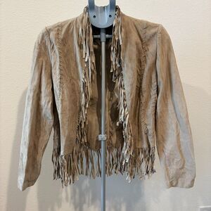 BAY Suede Fringe Jacket Sz 14 Tan Western Boho Real Leather Boho Festival Hippie